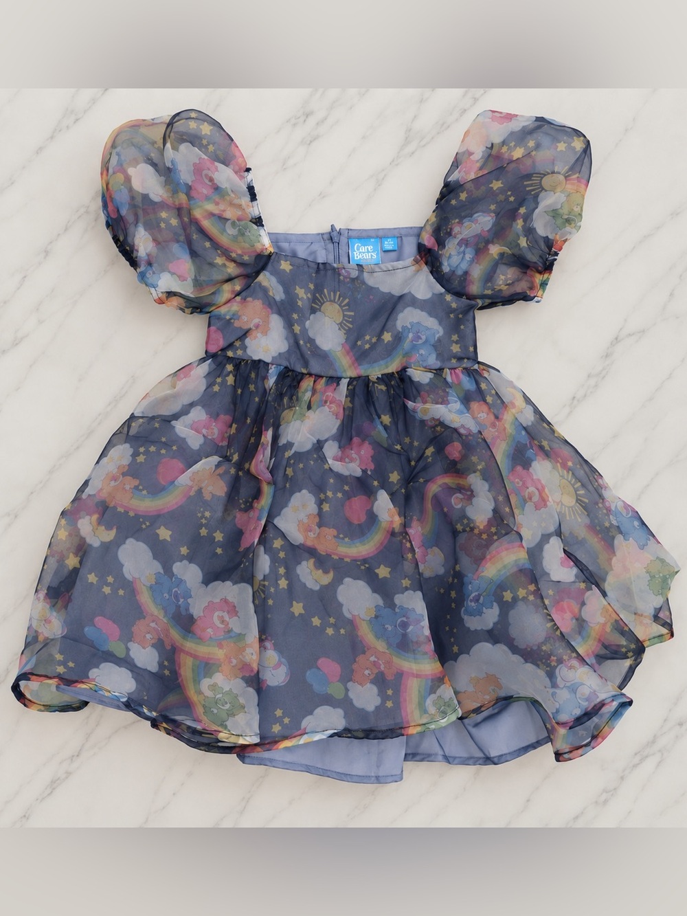 Care Bears Girls XS 4/5 Rainbow Sheer Puff Sleeve Dress NWOT